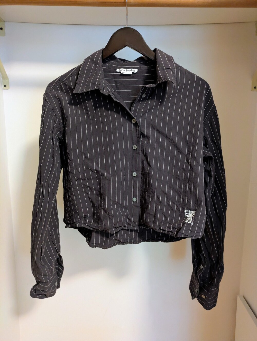 Acne Studios Striped button-up shirt with embroidered bow accent- charcoal gray